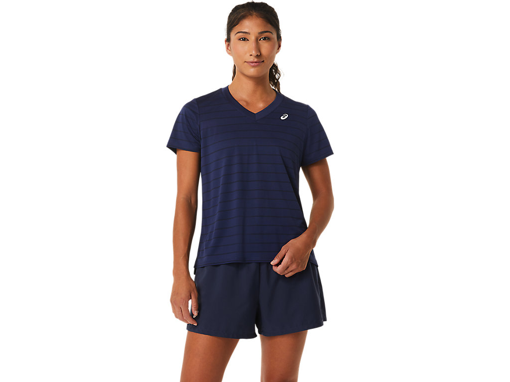 Camiseta Asics Court Stripe Sleeve Feminino Azul Marinho | 3270-FBDLZ