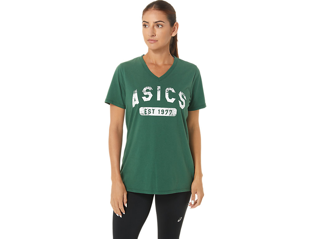 Camiseta Asics Curta Sleeve Est 1977 V-Neck Tee Feminino Verdes | 1804-IDZWX