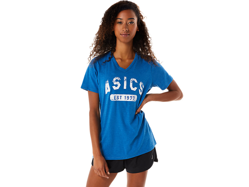 Camiseta Asics Curta Sleeve Est 1977 V-Neck Tee Feminino Azuis | 9130-ZUKYF