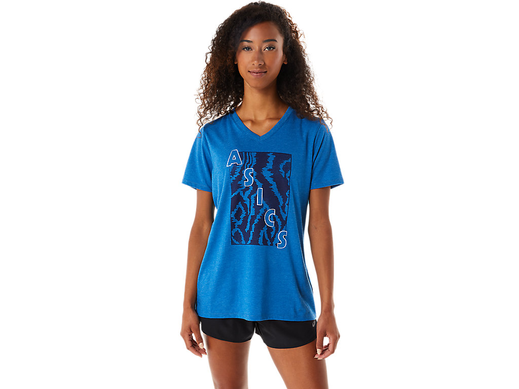 Camiseta Asics Curta Sleeve Print V-Neck Feminino Azuis | 1764-HVCSN