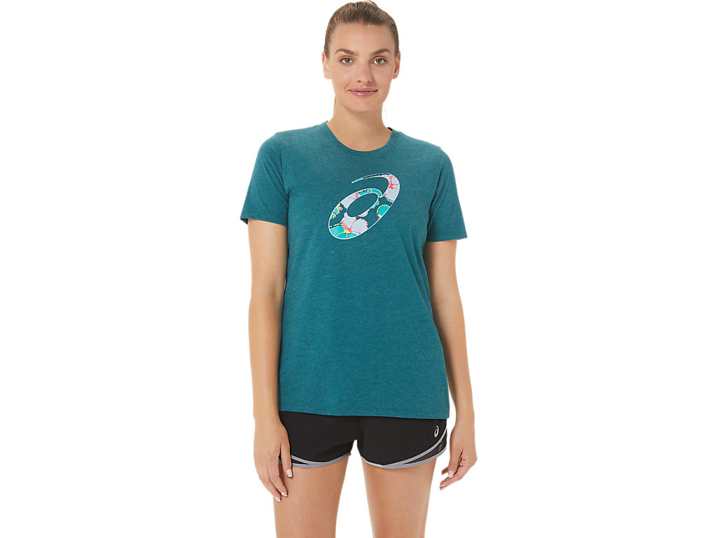 Camiseta Asics Hibiscus Spiral A Crew Feminino Verdes Escuro | 1267-KGRQW