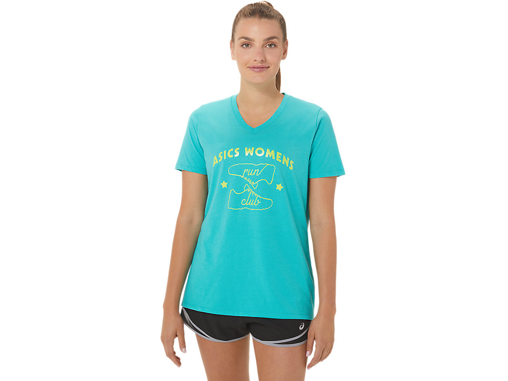 Camiseta Asics Run Club V-Neck Feminino Turquesa | 3579-UARPN