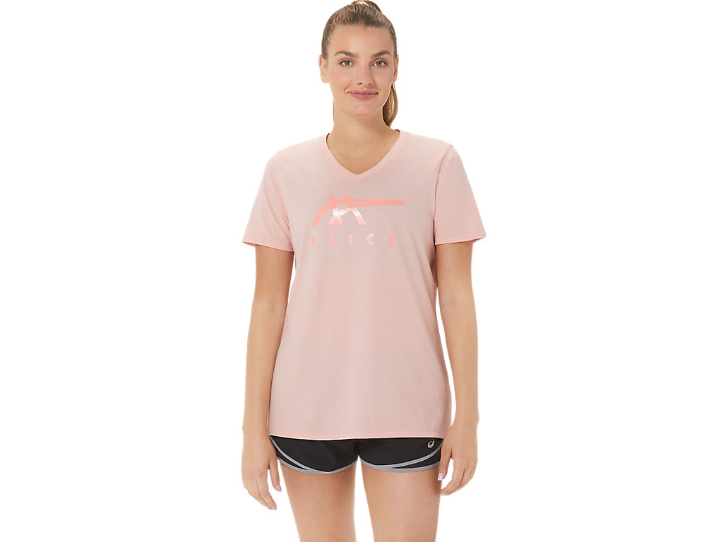 Camiseta Asics Stripes V-Neck Feminino Rosa | 2457-VMRJW