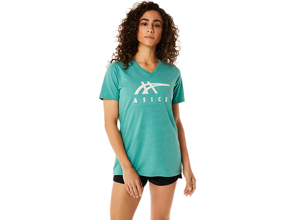 Camiseta Asics Stripes V-Neck Feminino Verde Oliva | 7689-MANUY