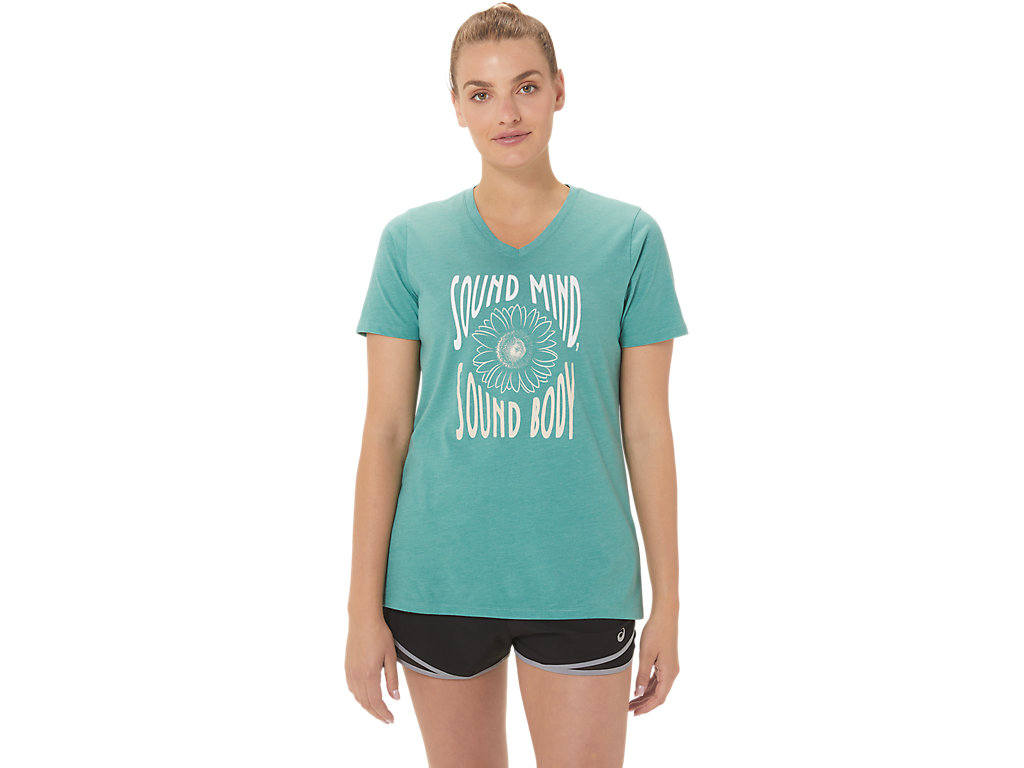 Camiseta Asics Sunflower Slogan V-Neck Feminino Verde Oliva | 4935-CUTWG