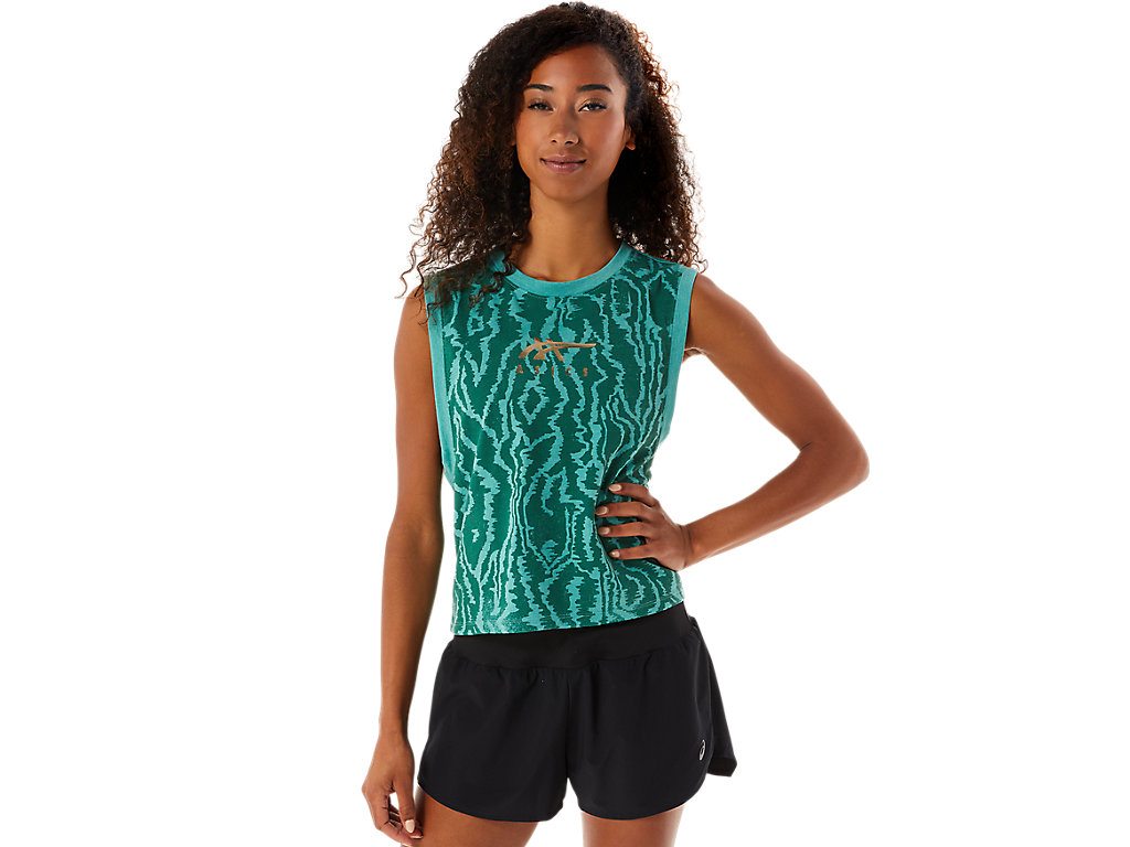 Camiseta Asics Allover Printed Muscle Crop Feminino Verde Oliva | 4513-OTZJL