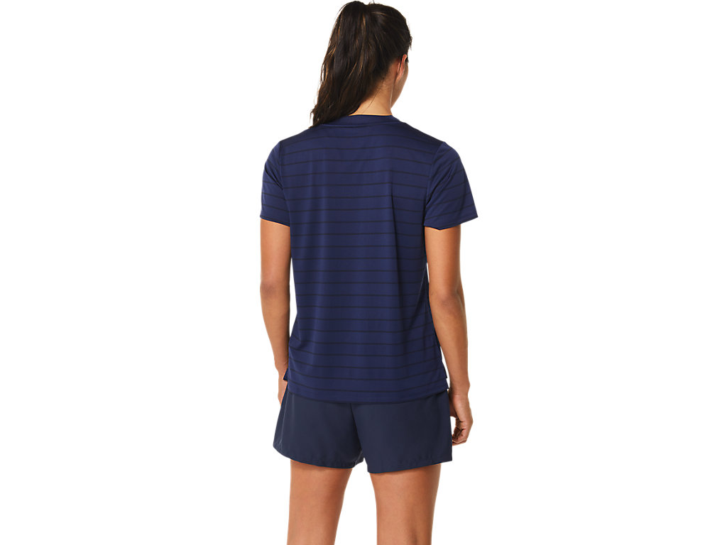 Camiseta Asics Court Stripe Sleeve Feminino Azul Marinho | 3270-FBDLZ