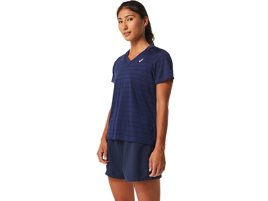 Camiseta Asics Court Stripe Sleeve Feminino Azul Marinho | 3270-FBDLZ