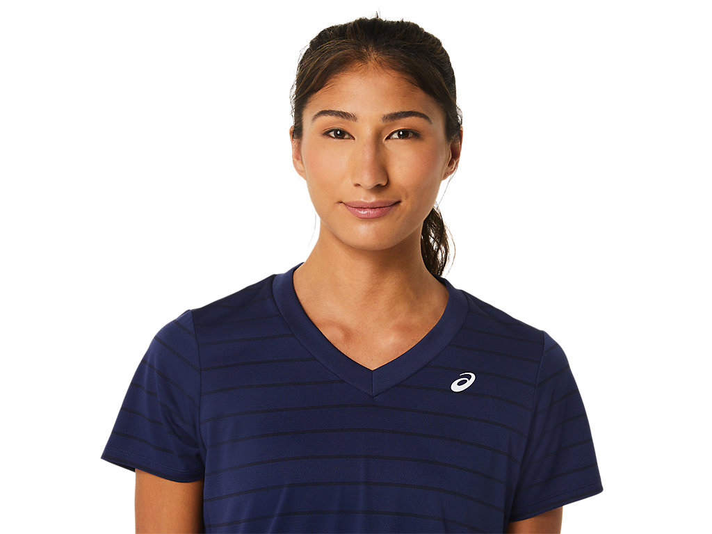 Camiseta Asics Court Stripe Sleeve Feminino Azul Marinho | 3270-FBDLZ