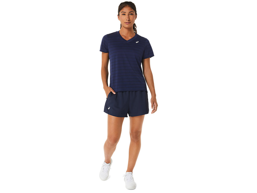 Camiseta Asics Court Stripe Sleeve Feminino Azul Marinho | 3270-FBDLZ