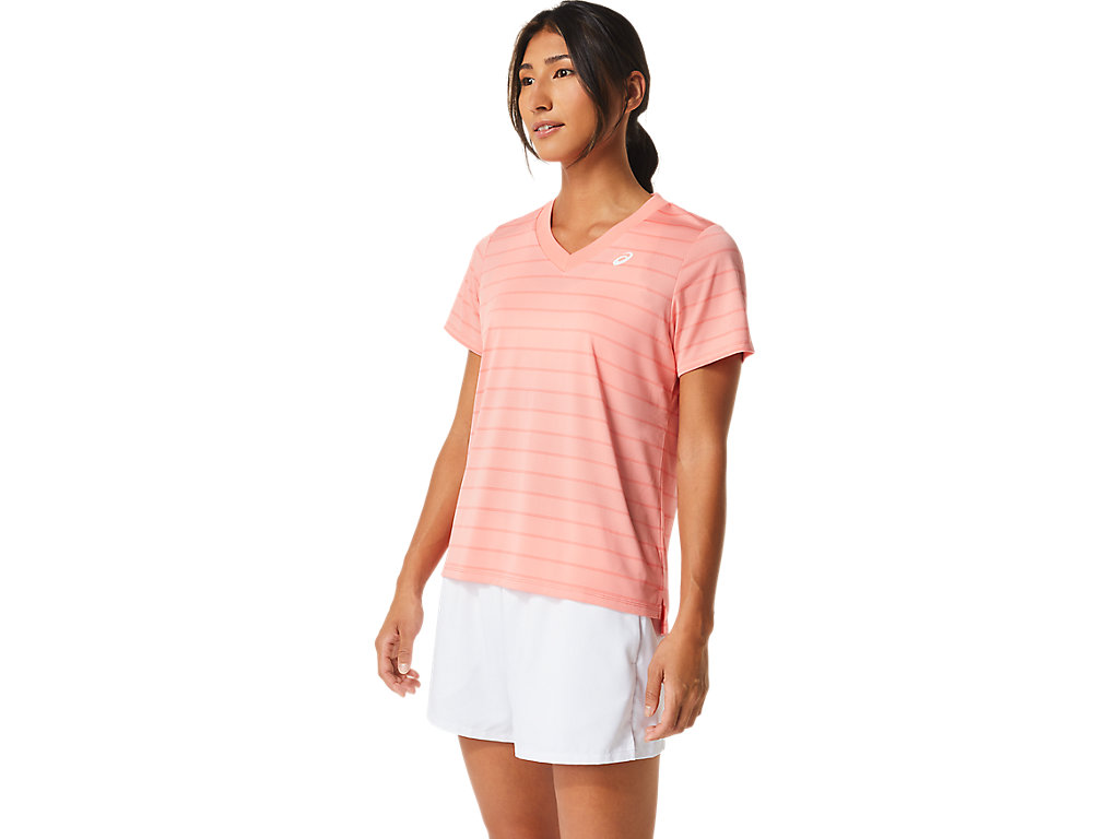 Camiseta Asics Court Stripe Sleeve Feminino Rosa | 9183-PDGBT