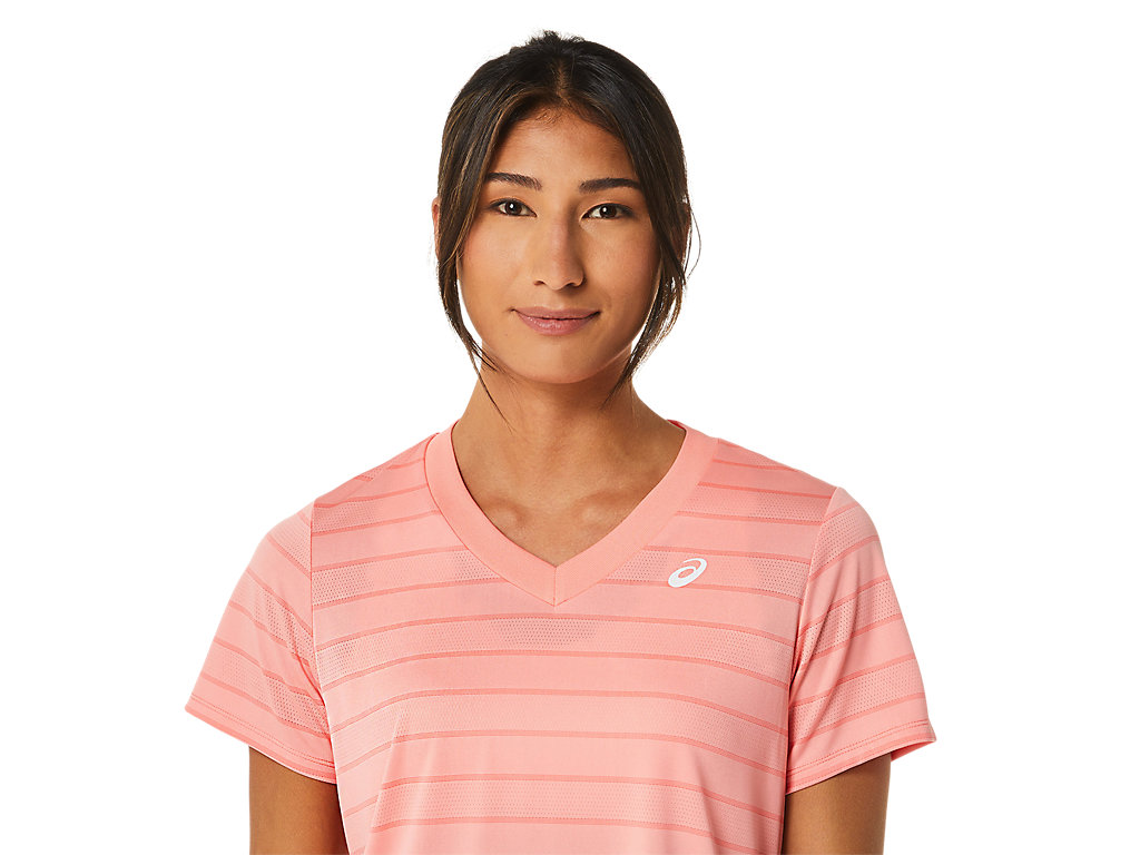 Camiseta Asics Court Stripe Sleeve Feminino Rosa | 9183-PDGBT