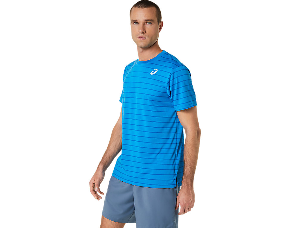 Camiseta Asics Court Stripe Sleeve Masculino Azuis | 1083-EUXOJ