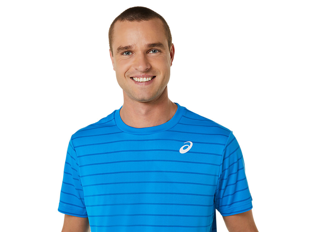 Camiseta Asics Court Stripe Sleeve Masculino Azuis | 1083-EUXOJ