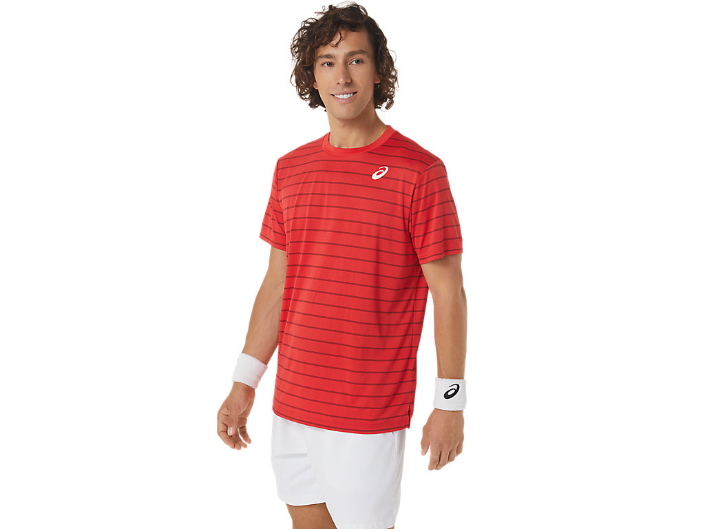 Camiseta Asics Court Stripe Sleeve Masculino Vermelhas | 7251-WQHJD