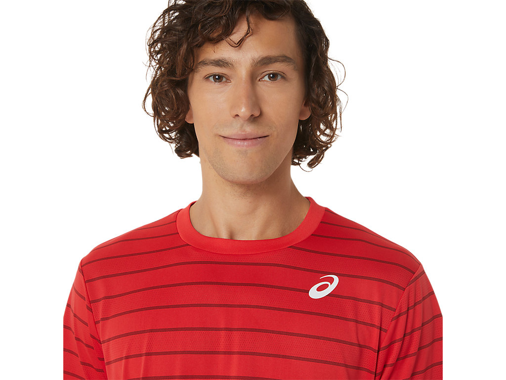 Camiseta Asics Court Stripe Sleeve Masculino Vermelhas | 7251-WQHJD