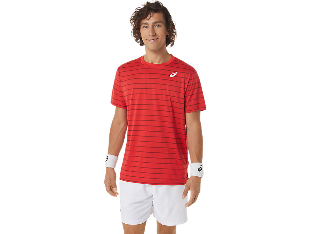 Camiseta Asics Court Stripe Sleeve Masculino Vermelhas | 7251-WQHJD