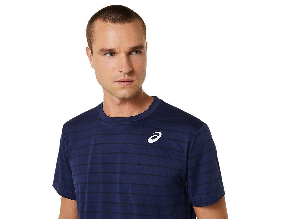 Camiseta Asics Court Stripe Sleeve Masculino Azuis Escuro | 9605-BOZID