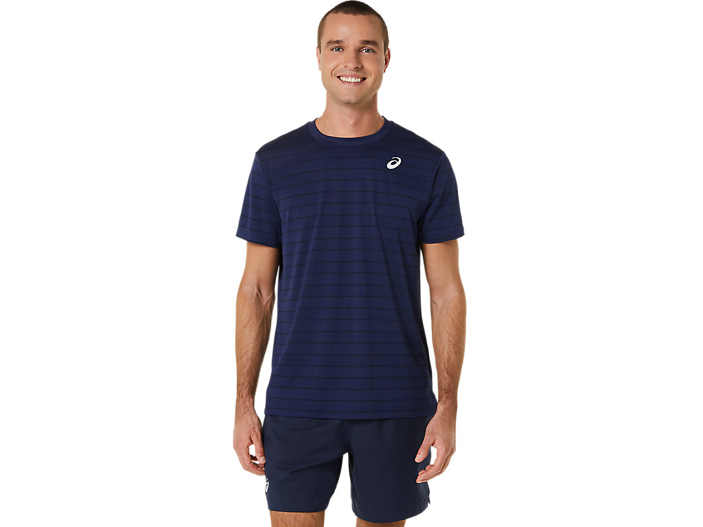 Camiseta Asics Court Stripe Sleeve Masculino Azuis Escuro | 9605-BOZID