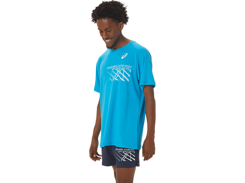 Camiseta Asics Finish Line Gráficas Sleeve Masculino Azuis | 2976-KNZWB