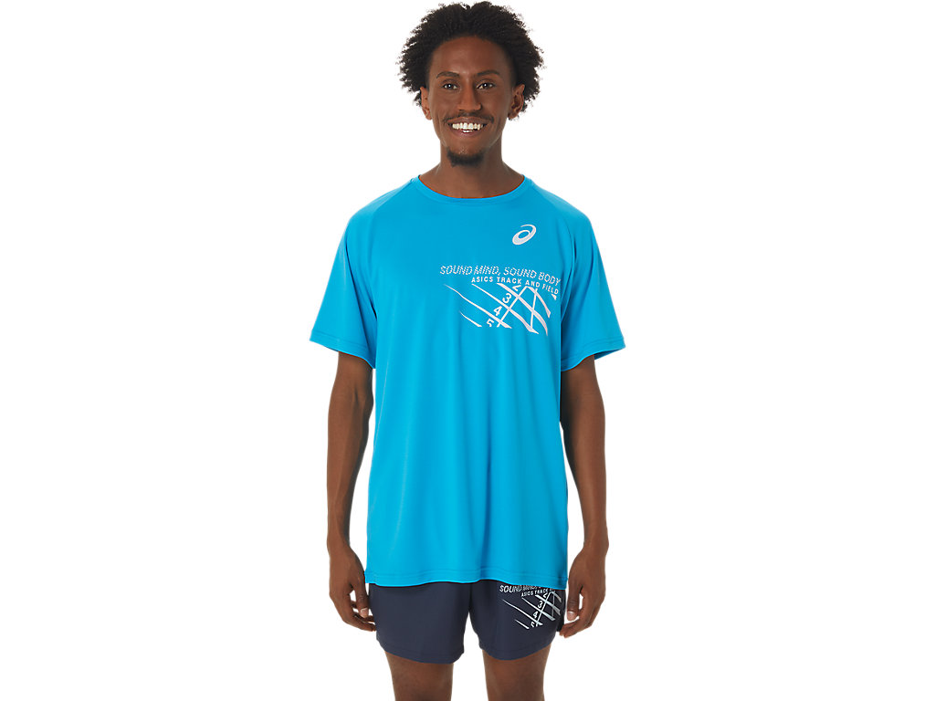 Camiseta Asics Finish Line Gráficas Sleeve Masculino Azuis | 2976-KNZWB