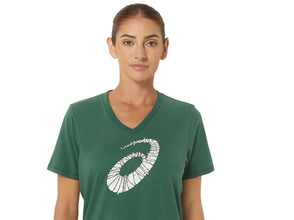 Camiseta Asics Holiday Lights Logo Vneck Feminino Verdes | 6718-JMEZC