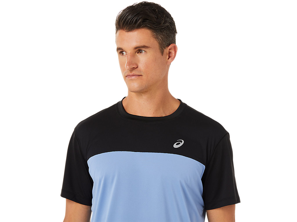 Camiseta Asics Race Sleeve Masculino Pretas Azuis | 6420-OHXDI