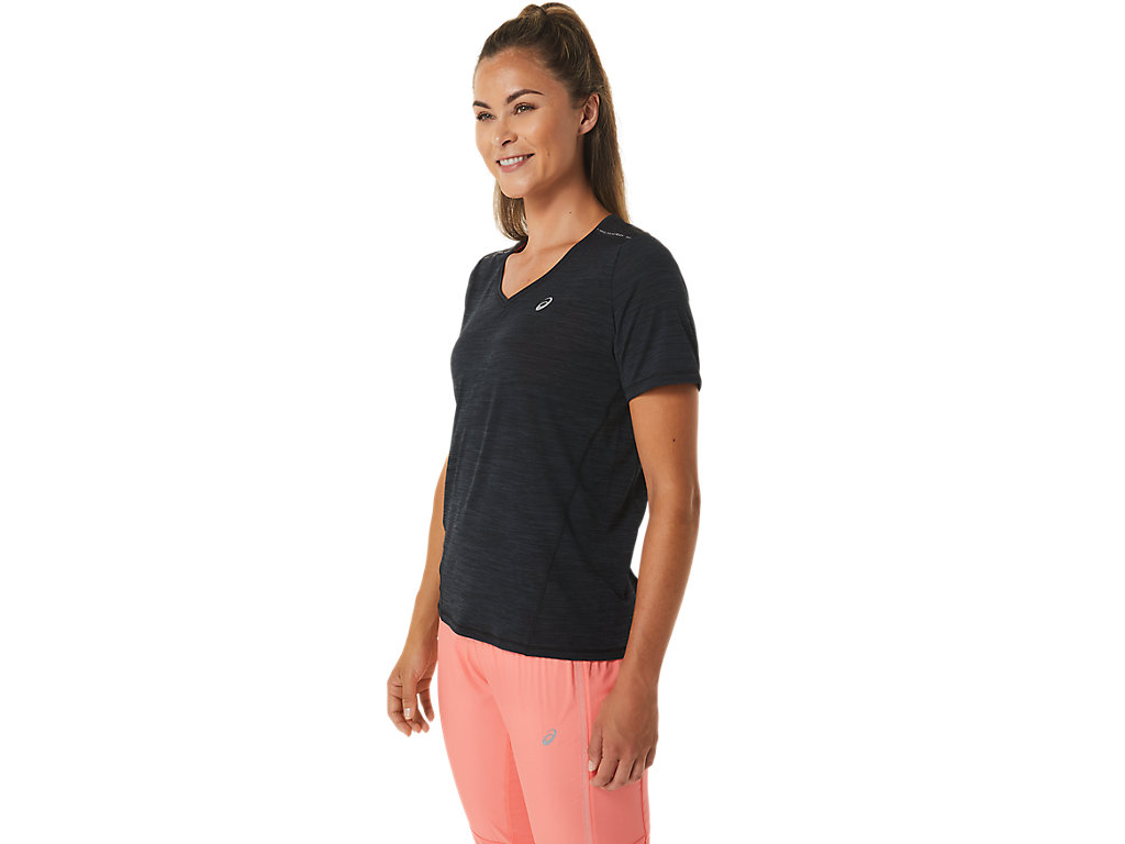 Camiseta Asics Race V-Neck Sleeve Feminino Pretas Cinzentas | 9740-ARSLO