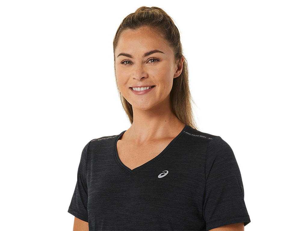 Camiseta Asics Race V-Neck Sleeve Feminino Pretas Cinzentas | 9740-ARSLO