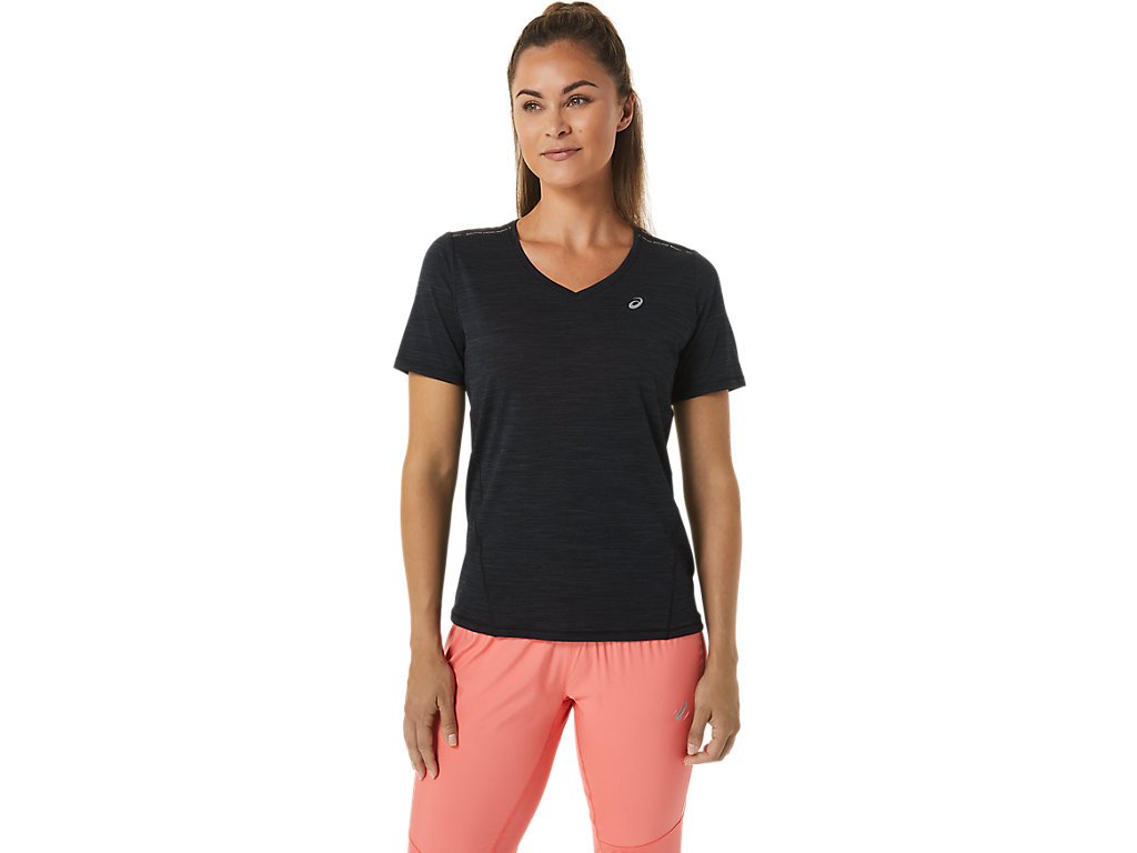 Camiseta Asics Race V-Neck Sleeve Feminino Pretas Cinzentas | 9740-ARSLO