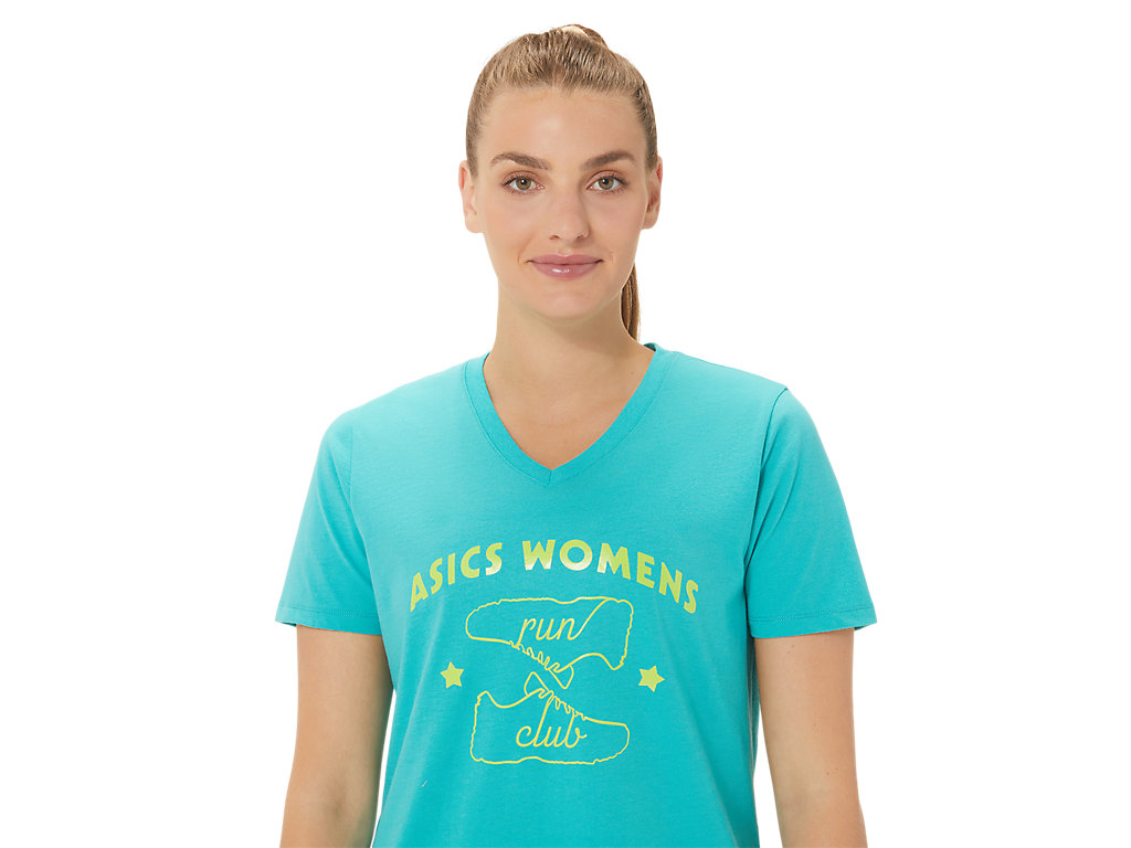 Camiseta Asics Run Club V-Neck Feminino Turquesa | 3579-UARPN