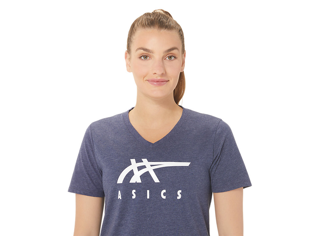 Camiseta Asics Stripes V-Neck Feminino Azul Marinho | 3192-HOAXS