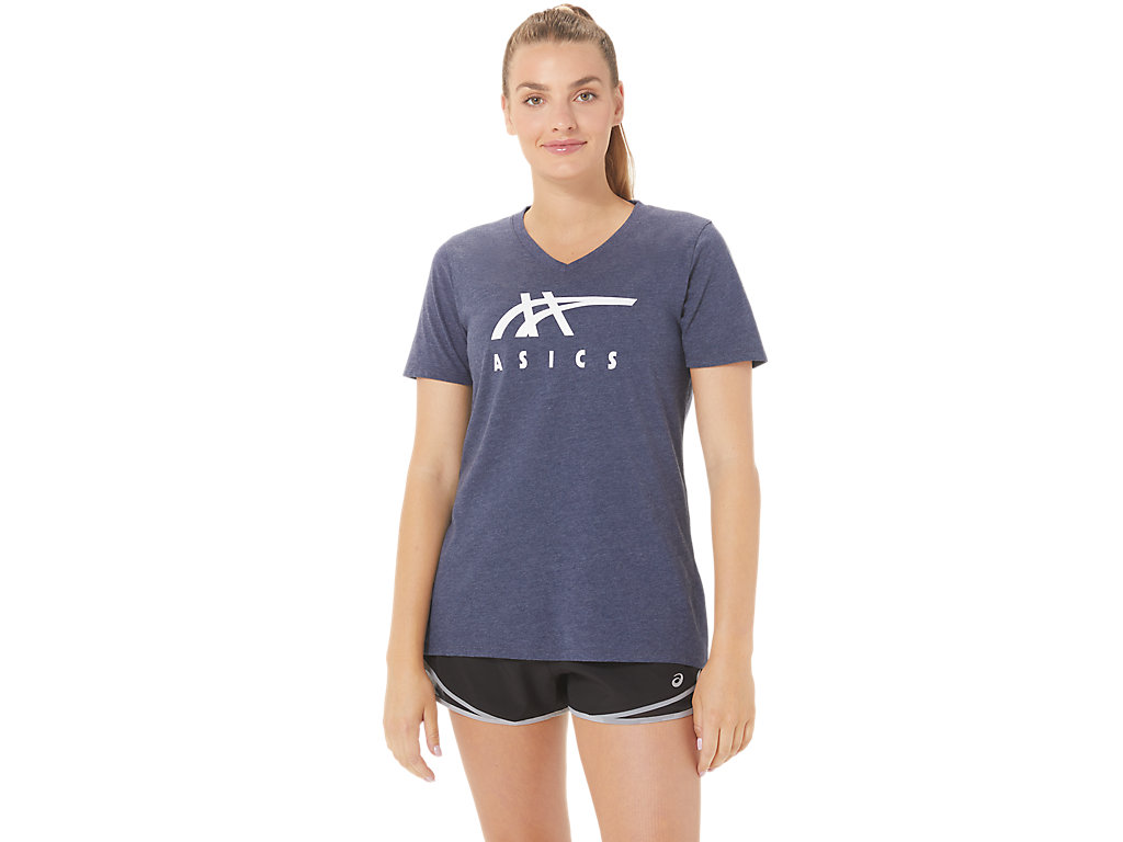 Camiseta Asics Stripes V-Neck Feminino Azul Marinho | 3192-HOAXS