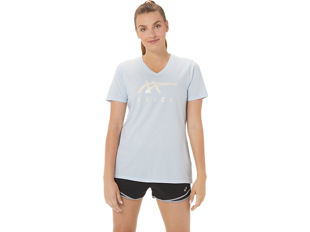 Camiseta Asics Stripes V-Neck Feminino Azuis | 8945-EYAOS