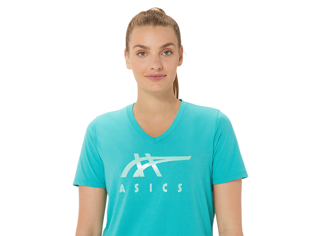 Camiseta Asics Stripes V-Neck Feminino Turquesa | 7063-VSUJX