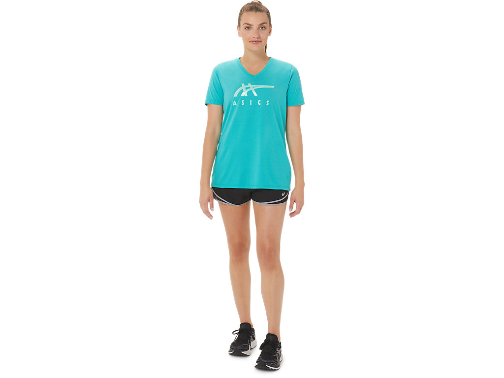 Camiseta Asics Stripes V-Neck Feminino Turquesa | 7063-VSUJX