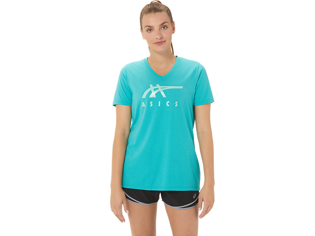 Camiseta Asics Stripes V-Neck Feminino Turquesa | 7063-VSUJX