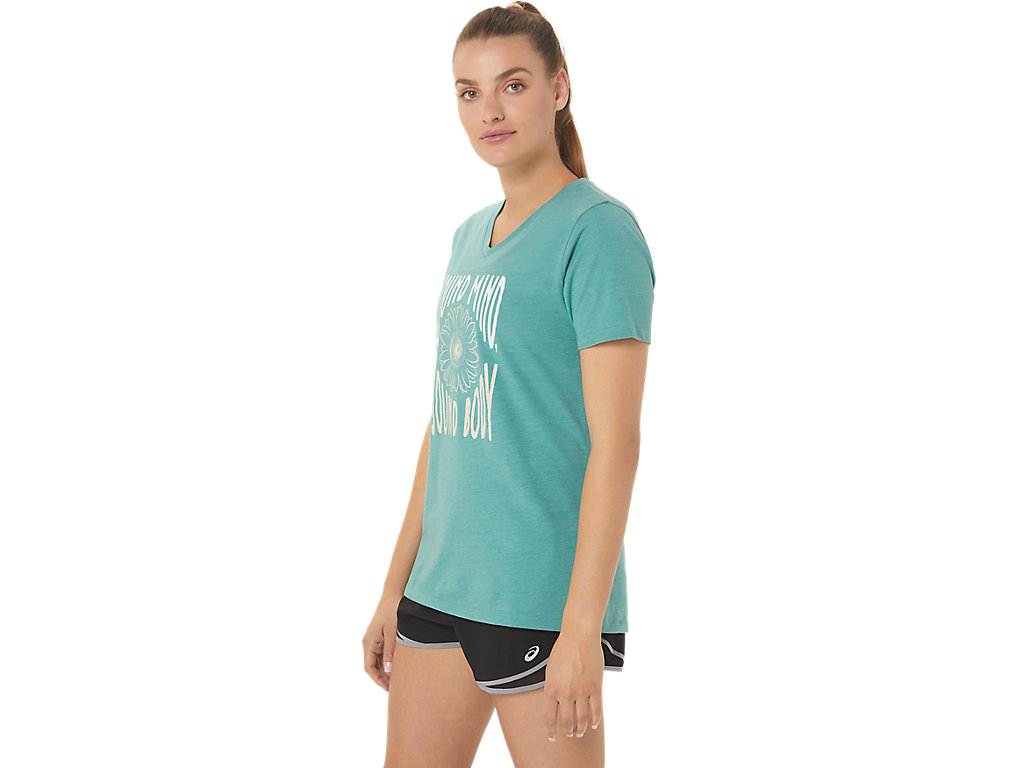 Camiseta Asics Sunflower Slogan V-Neck Feminino Verde Oliva | 4935-CUTWG