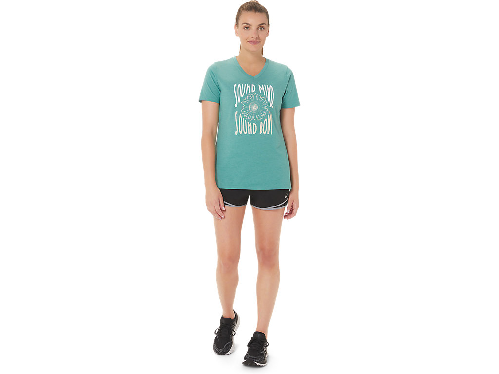 Camiseta Asics Sunflower Slogan V-Neck Feminino Verde Oliva | 4935-CUTWG