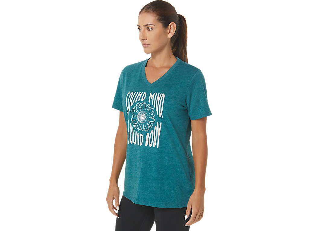 Camiseta Asics Sunflower Slogan V-Neck Feminino Verdes Escuro | 6931-WTSBJ