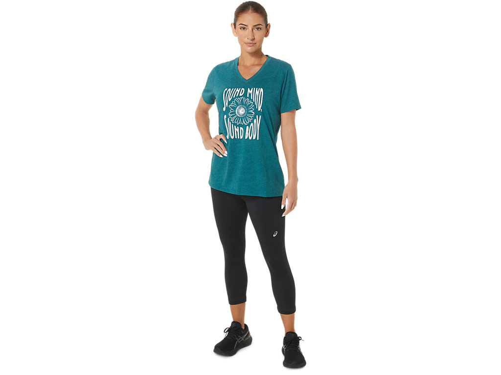 Camiseta Asics Sunflower Slogan V-Neck Feminino Verdes Escuro | 6931-WTSBJ