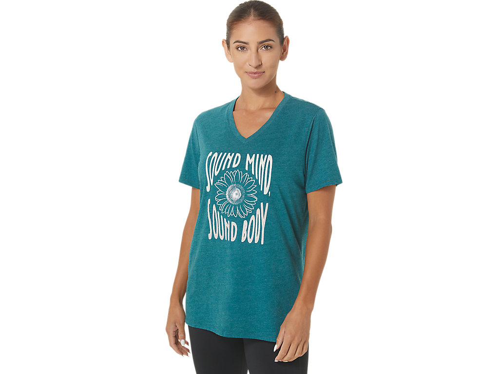 Camiseta Asics Sunflower Slogan V-Neck Feminino Verdes Escuro | 6931-WTSBJ