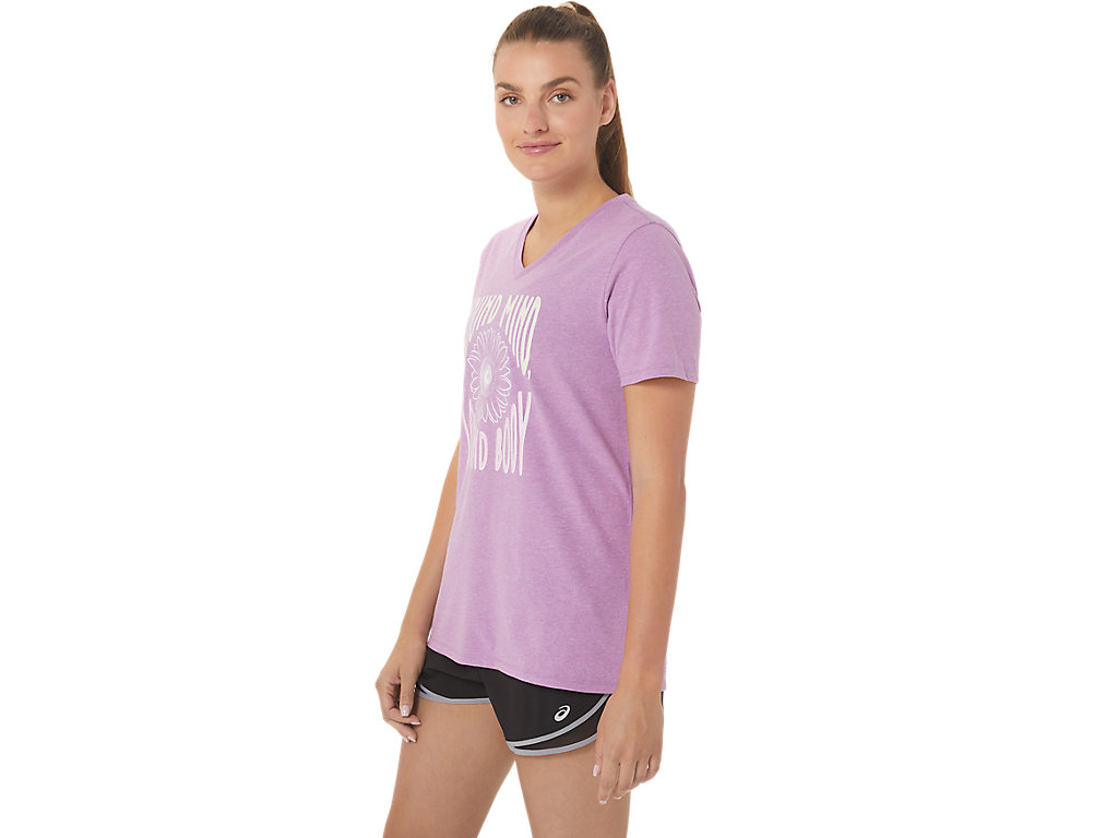 Camiseta Asics Sunflower Slogan V-Neck Feminino Roxo | 8356-FGBKM