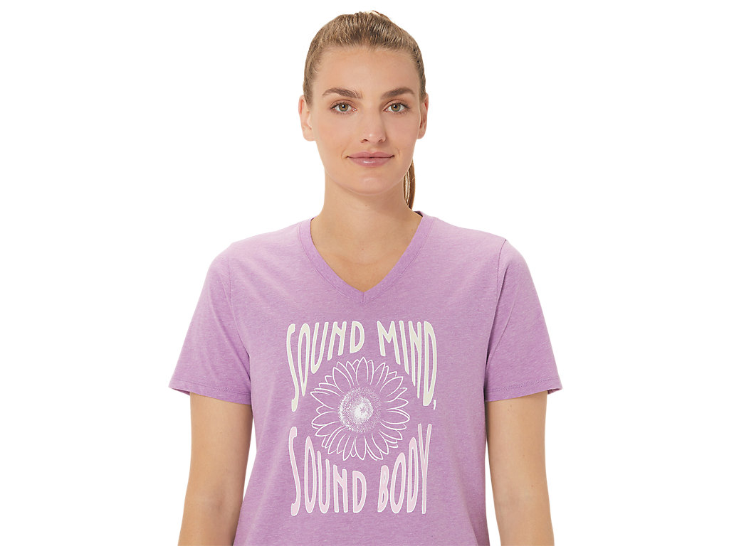 Camiseta Asics Sunflower Slogan V-Neck Feminino Roxo | 8356-FGBKM