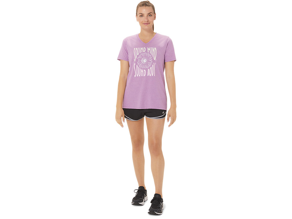 Camiseta Asics Sunflower Slogan V-Neck Feminino Roxo | 8356-FGBKM