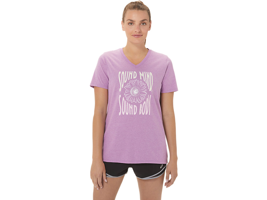 Camiseta Asics Sunflower Slogan V-Neck Feminino Roxo | 8356-FGBKM