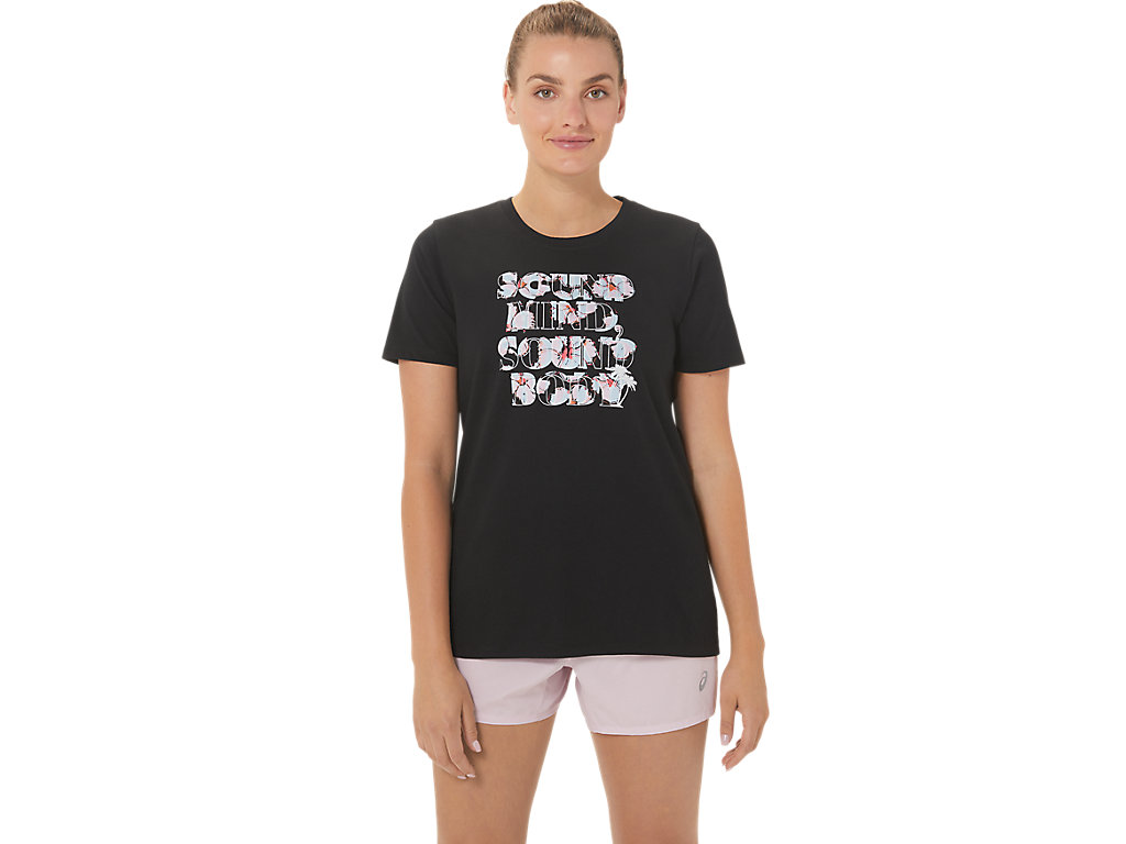 Camiseta Asics W Hibiscus Slogan Crew Feminino Pretas | 2704-JPLOM